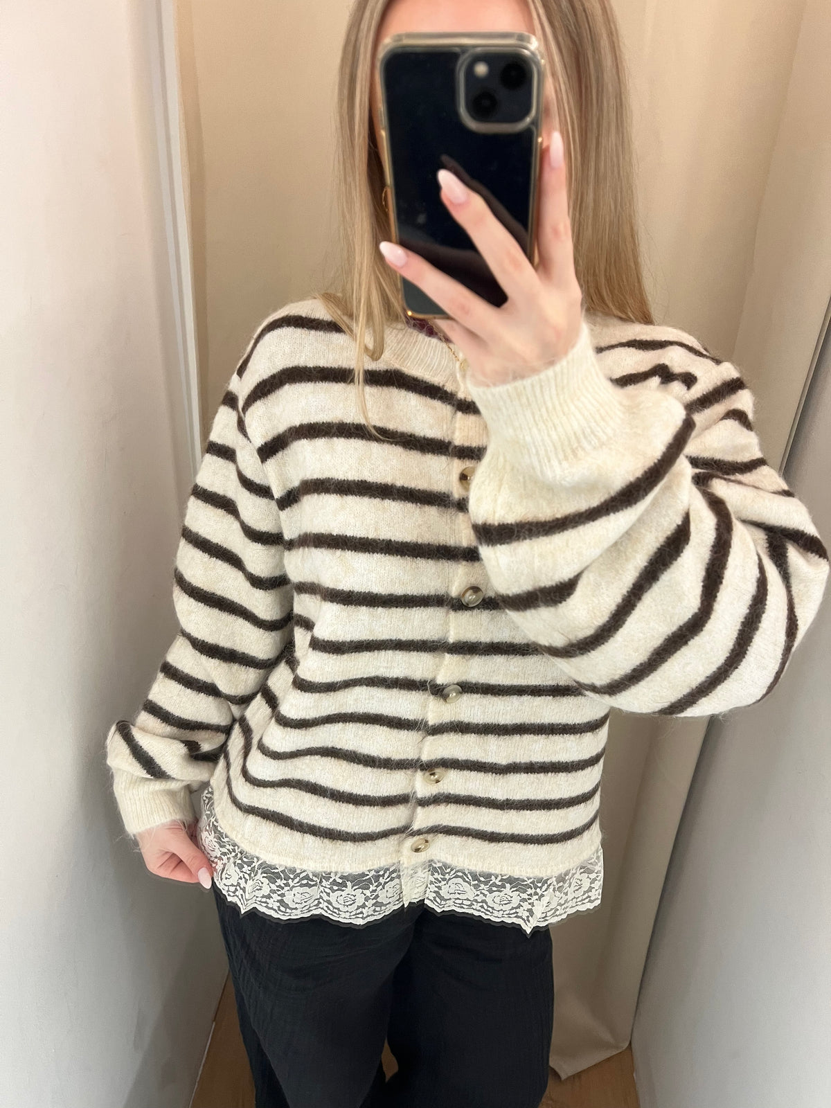 Gestreifter Strickpullover „Luna“ mit Spitze